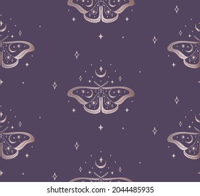 Abstract Background Seamless Pattern with Crescents and Stars, Batterflies. Mystic Design, Vector Illustration for wrapping tissue paper. Pink Gold svg