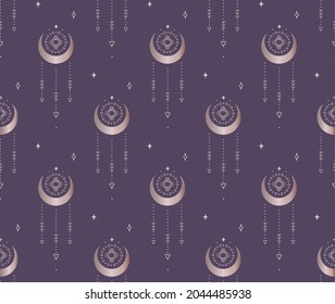 Abstract Background Seamless Pattern with Crescents, Stars, Suns. Mystic Design, Vector Illustration for wrapping tissue paper. Pink Gold