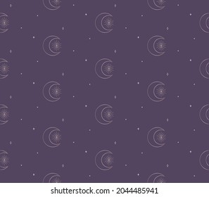 Abstract Background Seamless Pattern with Crescents, Stars, Suns, squares, rays. Mystic Design, Vector Illustration for wrapping tissue paper. Pink Gold svg