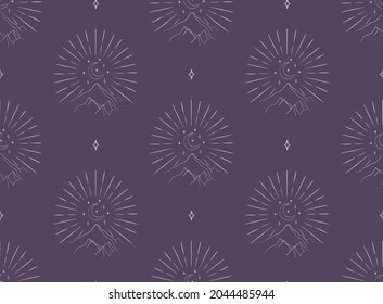 Abstract Background Seamless Pattern with Crescents, Stars, Suns, mountains, hills, rays. Mystic Design, Vector Illustration for wrapping tissue paper. Pink Gold svg