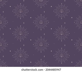 Abstract Background Seamless Pattern with Crescents, Stars, Suns. Mystic Design, Vector Illustration for wrapping tissue paper. Pink Gold svg