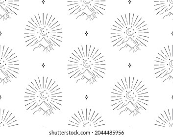Abstract Background Seamless Pattern with Crescents, Stars, Suns, mountains, hills, rays. Mystic Design, Vector Illustration for wrapping tissue paper svg