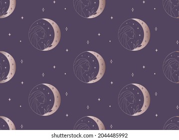 Abstract Background Seamless Pattern with Crescents, Stars, Rays, Dots. Mystic Design, Vector Illustration for wrapping tissue paper. Pink Gold