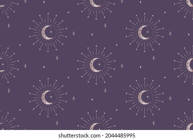 Abstract Background Seamless Pattern with Crescents, Stars, Rays, Dots. Mystic Design, Vector Illustration for wrapping tissue paper. Pink Gold svg