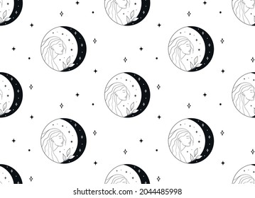 Abstract Background Seamless Pattern with Crescents, Stars, Rays, Dots. Mystic Design, Vector Illustration for wrapping tissue paper svg