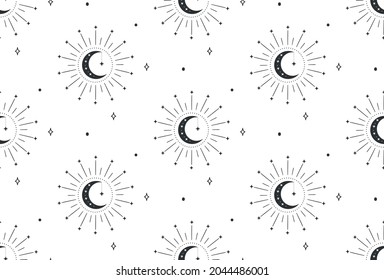 Abstract Background Seamless Pattern with Crescents, Stars, Rays, Dots. Mystic Design, Vector Illustration for wrapping tissue paper svg