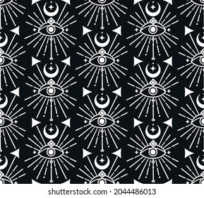 Abstract Background Seamless Pattern with Crescents, Eyes, squares. Mystic Design, Vector Illustration for wrapping tissue paper. svg