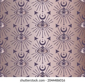 Abstract Background Seamless Pattern with Crescents, Eyes, squares. Mystic Design, Vector Illustration for wrapping tissue paper. Pink Gold