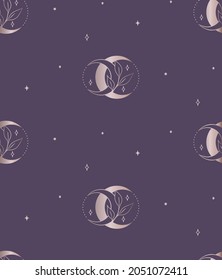Abstract Background Seamless Pattern with Crescents, Stars, Branches, Leaves, Dots. Mystic Design, Vector Illustration for wrapping tissue paper. Pink Gold