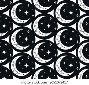 Abstract Background Seamless Pattern with Crescents, Stars, Branches, Leaves, Flowers, Berries, Dots. Mystic Design, Vector Illustration for wrapping tissue paper.
