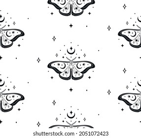 Abstract Background Seamless Pattern with Crescents and Stars, Batterflies. Mystic Design, Vector Illustration for wrapping tissue paper