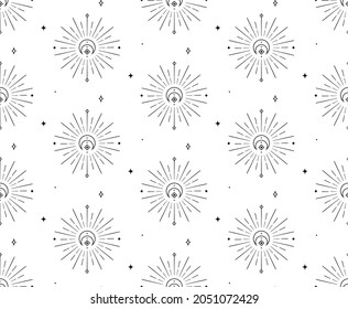 Abstract Background Seamless Pattern with Crescents, Stars, Suns. Mystic Design, Vector Illustration for wrapping tissue paper svg