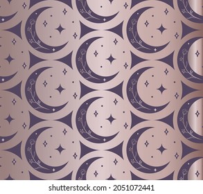 Abstract Background Seamless Pattern with Crescents, Stars, Branches, Leaves, Flowers, Berries, Dots. Mystic Design, Vector Illustration for wrapping tissue paper. Pink Gold svg