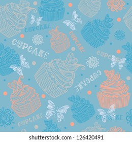 Abstract Background, seamless pattern with cupcake,flowers,butterfly, hand make illustration,