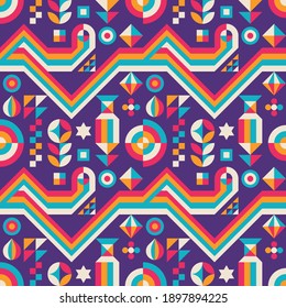 Abstract background seamless pattern design. Geometric shapes. Decorative ornament mosaic. Blue, red, yellow colors. Block chain concept banner. Vector illustration. 
