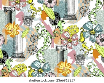 Abstract background. Seamless abstract pattern. Drawings and geometric shapes. Abstract. Elements of classical architecture and flowers.