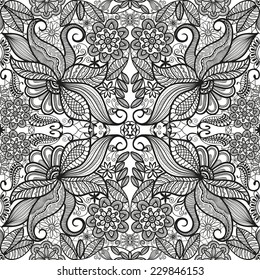 Abstract background, seamless pattern, hand drawn floral and geometric ornament, lace texture, black and white vector illustration