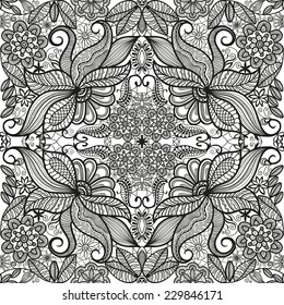 Abstract background, seamless pattern, hand drawn floral and geometric ornament, lace texture, black and white vector illustration