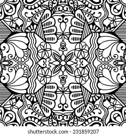 Abstract background, seamless pattern, hand drawn floral and geometric ornament, lace texture, black and white vector illustration