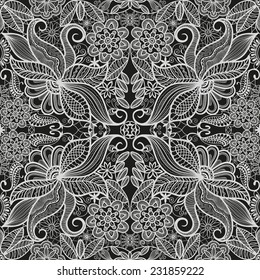 Abstract background, seamless pattern, hand drawn floral and geometric ornament, lace texture, black and white vector illustration