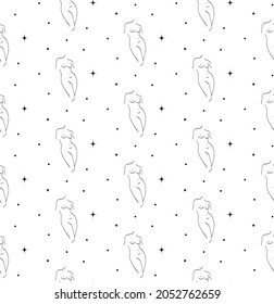 Abstract Background Seamless Pattern with Lady, Stars, Dots. Mystic Design, Vector Illustration for wrapping tissue paper.