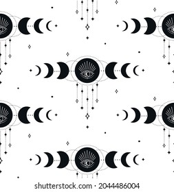 Abstract Background Seamless Pattern with Moon Phases, Crescents, Stars, Eyes, circles, dots. Mystic Design, Vector Illustration for wrapping tissue paper. svg