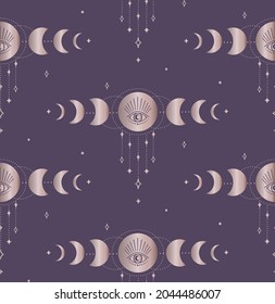 Abstract Background Seamless Pattern with Moon Phases, Crescents, Stars, Eyes, circles, dots. Mystic Design, Vector Illustration for wrapping tissue paper. Pink Gold svg