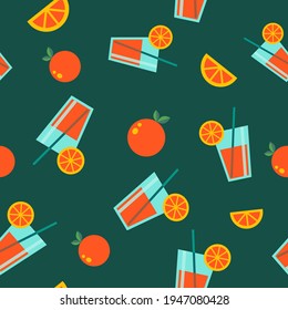 Abstract background seamless pattern with orange juice and oranges. Flat vector illustration. Textile print design. Gift wrapping paper. Summer fruit concept. Healthy organic food.