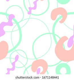 
Abstract background. Seamless pattern of simple shapes in pastel pink, blue, lilac colors on a white background. Vector illustration.