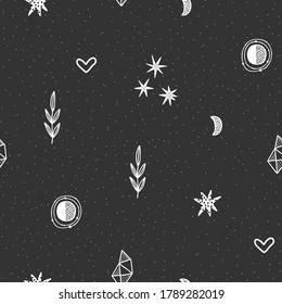 Abstract background. Seamless pattern with small dots, stars, planets and sprig. Creative texture for fabric, wrapping, textile, wallpaper, apparel. Vector illustration. Grunge background.