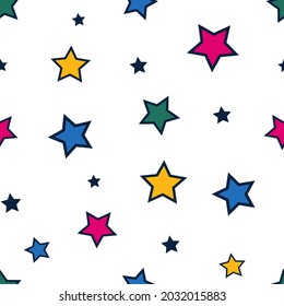 Abstract background seamless pattern tile with bright colorful stars on white vector. Geometric shapes ornament. Repeating texture. Backdrop. Wallpaper. Gift wrapping paper. Fashion fabric print.