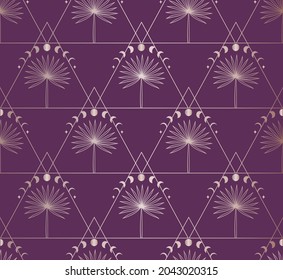 Abstract Background Seamless Pattern with Triangles, Moon Phases, Palm Trees. Mystic Design, Vector Illustration for wrapping tissue paper. Pink Gold. svg