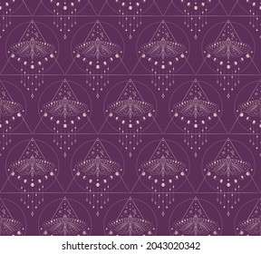 Abstract Background Seamless Pattern with Triangles, Circles, Moon Phases, Batterflies, branches, berries. Mystic Design, Vector Illustration for wrapping tissue paper. Pink Gold svg