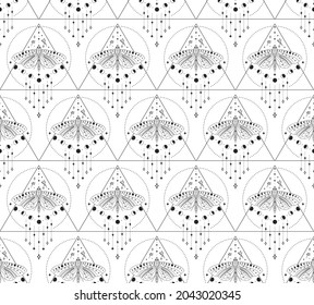 Abstract Background Seamless Pattern with Triangles, Circles, Moon Phases, Batterflies, branches, berries. Mystic Design, Vector Illustration for wrapping tissue paper svg