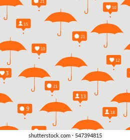 Abstract background. Seamless pattern with umbrellas. Vector, eps10. Likes, comments, followers and speech bubbles.