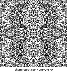 Abstract background, seamless texture, retro floral and geometric ornament, lace pattern, tribal ethnic decoration black and white vector illustration
