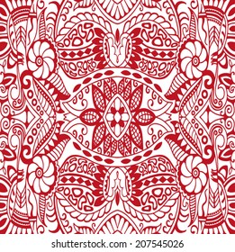 Abstract background, seamless texture, retro floral and geometric ornament, lace pattern, tribal ethnic decoration red on white vector illustration