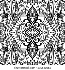 Abstract background, seamless texture, retro floral and geometric ornament, lace pattern, tribal ethnic decoration, hand drawn artwork black and white