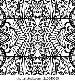 Abstract background, seamless texture, retro floral and geometric ornament, lace pattern, tribal ethnic decoration, hand drawn artwork black and white