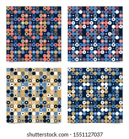 Abstract background seamless vector pattern made with circular geometric shapes or dots with line. Colorful, playful, trendy and modern vector art.