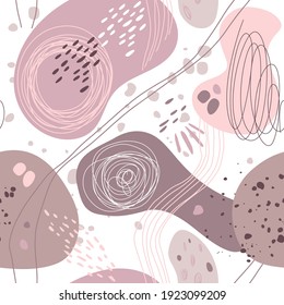 Abstract background. Seamless vector pattern with curls and simple shapes on white. Perfect for design templates, wallpaper, wrapping, fabric and textile.