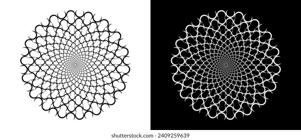 Abstract background with semicircles in circle. Art design circle as logo or icon. A black figure on a white background and an equally white figure on the black side.