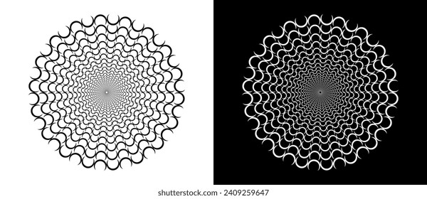 Abstract background with semicircles in circle. Art design circle as logo or icon. A black figure on a white background and an equally white figure on the black side.