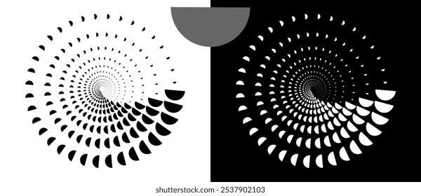 Abstract background with semicircles in circle. Art design spiral as logo or icon. A black figure on a white background and an equally white figure on the black side.