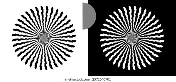 Abstract background with semicircles in circle. Art design element as logo or icon. A black figure on a white background and an equally white figure on the black side.
