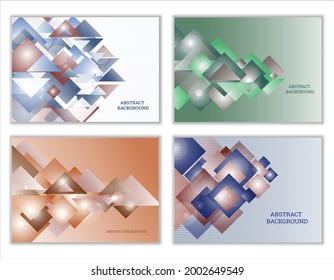 Fondo abstracto, conjunto de 4 cubiertas. Fondo geométrico tecnológico brillante hecho de rectángulos y triángulos. Diseño corporativo para banner, portada, papel tapiz