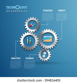 Abstract background with a set of bright gears, business icons, text. Modern technology infographics template.