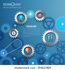 Abstract background with a set of bright gears, business icons, text. Modern technology infographics template.