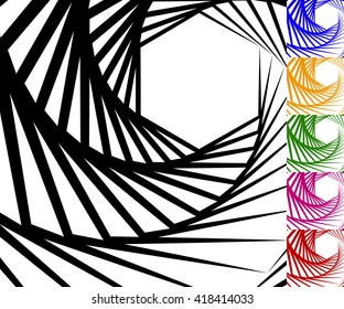 Abstract background set with concentric rotating lines. Spiral, vortex pattern in 5 colors plus black and white version