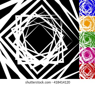 Abstract background set with concentric rotating lines. Spiral, vortex pattern in 5 colors plus black and white version